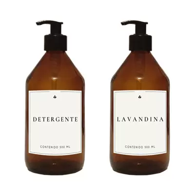2 Dispensers de vidrio color ambar etiquetas detergente y lavandina