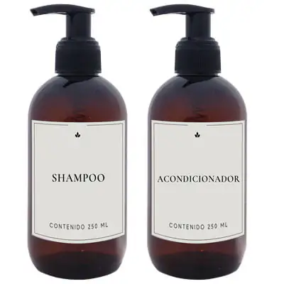 2 Dispensers de plastico 250cc color ambar etiquetas shampoo y acondicionador
