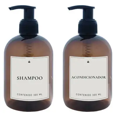 2 Dispensers de plastico 300cc color ambar etiquetas blancas shampoo y acondicionador