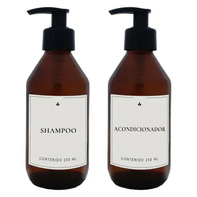 2 Dispensers 250cc de vidrio color ambar etiquetas shampoo y acondicionador