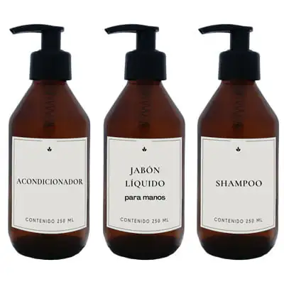 3 Dispensers de vidrio color ambar 250cc con etiquetas blancas jabon liquido, shampoo y acondicionador