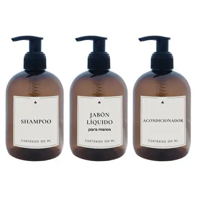 3 Dispensers de plastico 300cc color ambar jabon liquido, shampoo y acondicionador